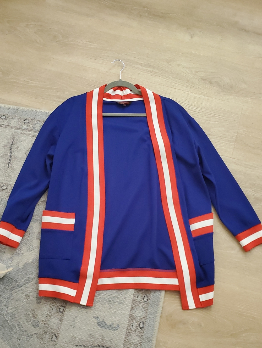Haute Shore Blue Open-Front Cardigan with Red & White Trim O/S